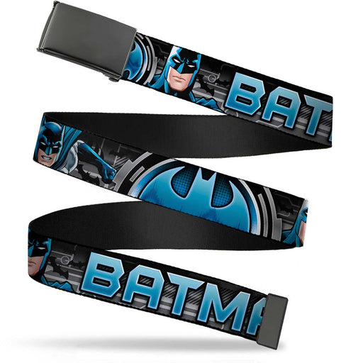 Black Buckle Web Belt - BATMAN Poses/Bat Signal CLOSE-UP Black/Grays/Blues Webbing Web Belts DC Comics   