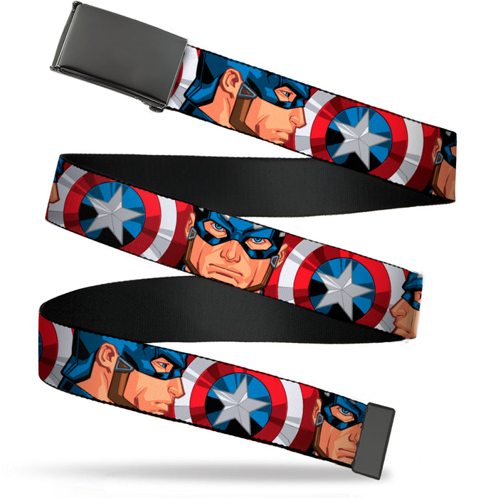 Web Belt Blank Black Buckle - Captain America Face Turns/Shield CLOSE-UP Webbing Web Belts Marvel Comics   