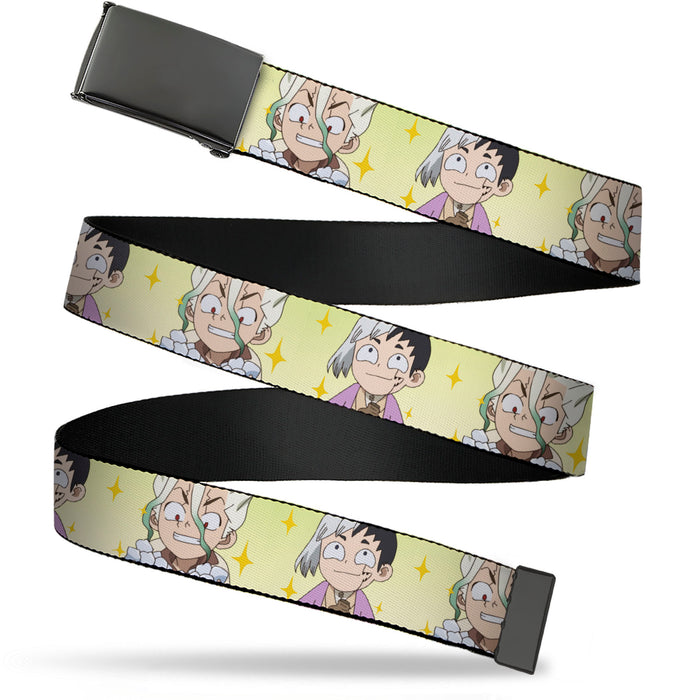 Web Belt Blank Black Buckle - Dr. Stone Chibi Senku and Gen Faces Stars Yellows Webbing Web Belts Crunchyroll   