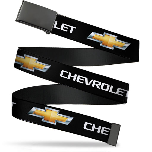 Web Belt Blank Black Buckle - CHEVROLET/Bowtie Black/Gold/White Webbing Web Belts GM General Motors   