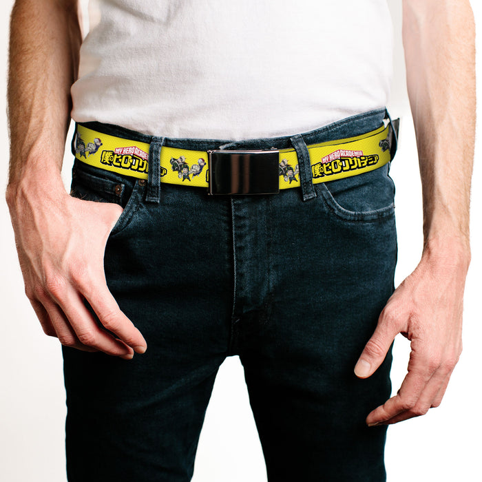 Web Belt Blank Black Buckle - MY HERO ACADEMIA Character Trio Pose and Title Logo Yellow Webbing Web Belts Crunchyroll   