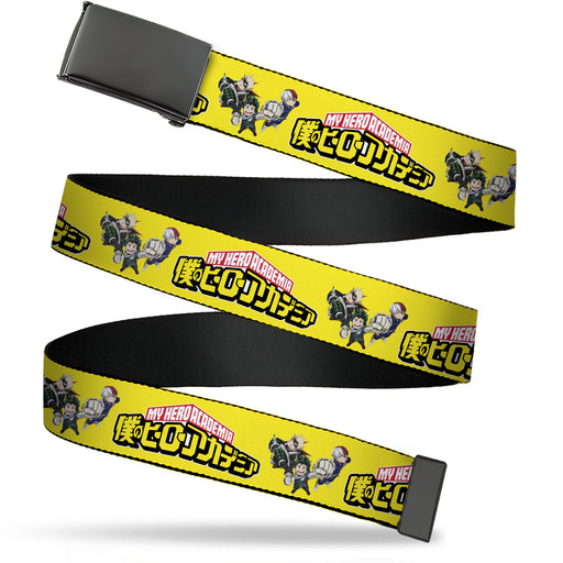 Web Belt Blank Black Buckle - MY HERO ACADEMIA Character Trio Pose and Title Logo Yellow Webbing Web Belts Crunchyroll   