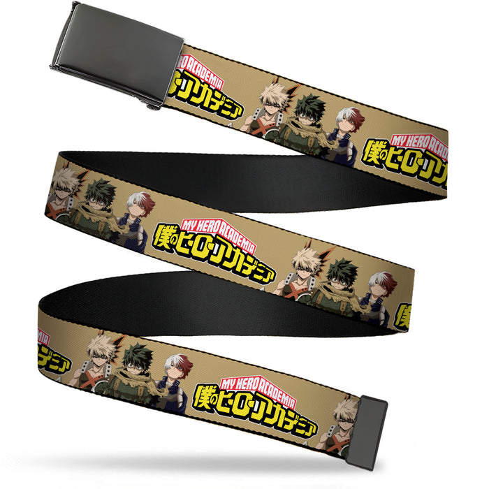 Web Belt Blank Black Buckle - MY HERO ACADEMIA Character Trio Pose and Title Logo Tan Webbing Web Belts Crunchyroll   