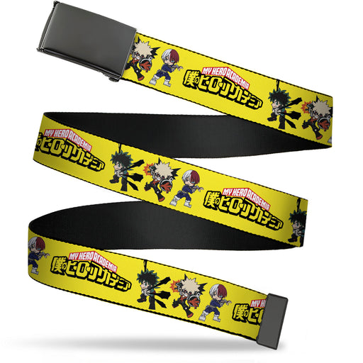 Web Belt Blank Black Buckle - MY HERO ACADEMIA Chibi Trio Action Poses and Title Logo Yellow Webbing Web Belts Crunchyroll   