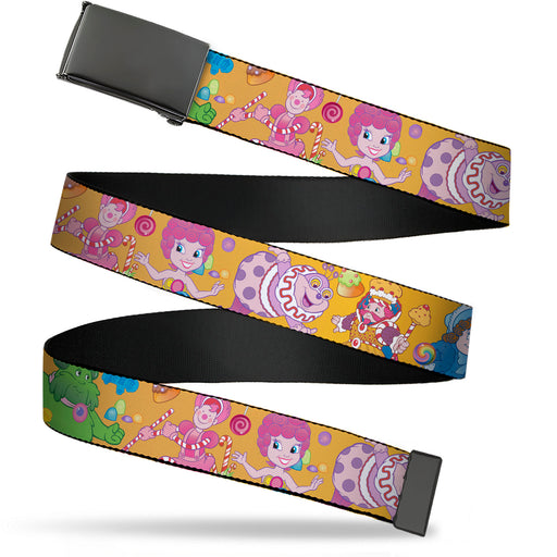 Web Belt Blank Black Buckle - Candy Land Characters and Candy Collage Yellow Webbing Web Belts Hasbro   