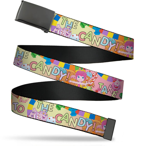 Web Belt Blank Black Buckle - Candy Land TAKE ME TO THE CANDY Character Collage Multi Color Webbing Web Belts Hasbro   