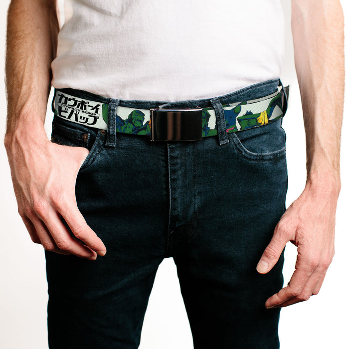 Web Belt Blank Black Buckle - COWBOY BEBOP Crew Group Pose and Title Logo White/Black/Greens Webbing Web Belts Crunchyroll   