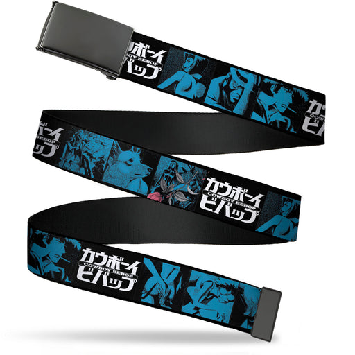 Web Belt Blank Black Buckle - COWBOY BEBOP Title Logo and Character Blocks Black/Blues Webbing Web Belts Crunchyroll   