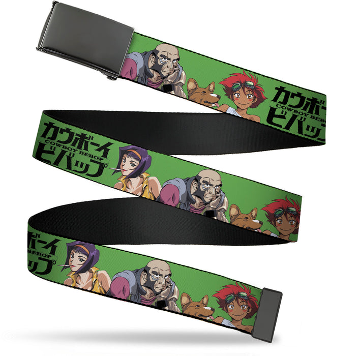 Web Belt Blank Black Buckle - COWBOY BEBOP Crew Group Pose and Title Logo Green/Black Webbing Web Belts Crunchyroll   