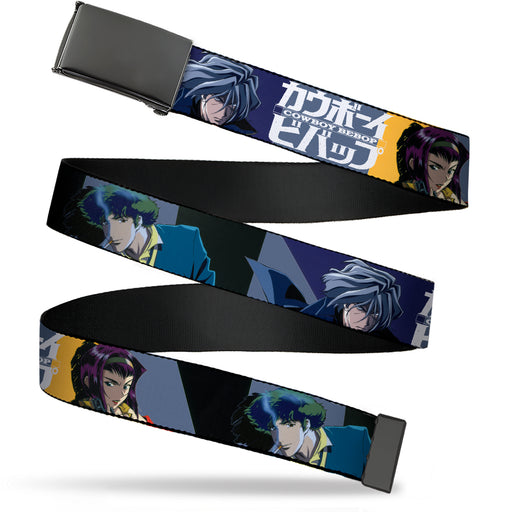 Web Belt Blank Black Buckle - COWBOY BEBOP Spike Vicious and Faye Pose and Title Logo Blues/Yellow Webbing Web Belts Crunchyroll   