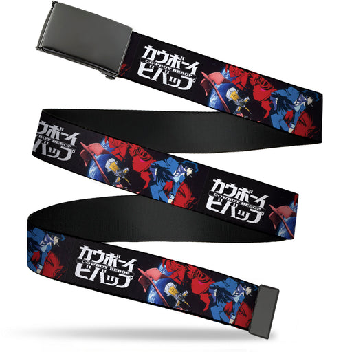 Web Belt Blank Black Buckle - COWBOY BEBOP Spike Pose and Crew Collage and Title Logo Black Webbing Web Belts Crunchyroll   