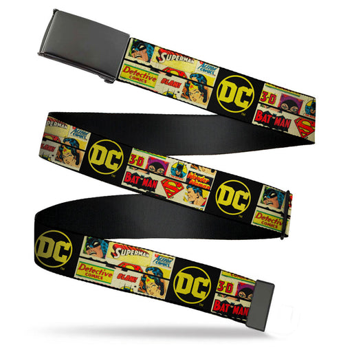 Black Buckle Web Belt - Vintage DC Comics Superhero and Logos Collage Black Webbing Web Belts DC Comics   