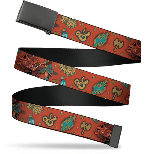 Web Belt Blank Black Buckle - Dungeons & Dragons Dragon Slayer and Icons Collage Reds/Greens Webbing Web Belts Wizards of the Coast   