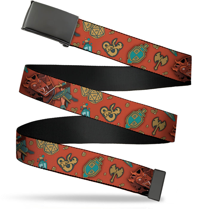 Web Belt Blank Black Buckle - Dungeons & Dragons Dragon Slayer and Icons Collage Reds/Greens Webbing Web Belts Wizards of the Coast   