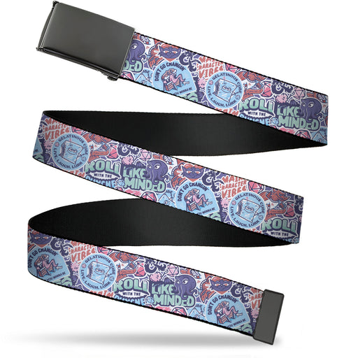 Web Belt Blank Black Buckle - Dungeons & Dragons ROLL WITH THE LIKE MINDED Icons Collage Blues/Pinks Webbing Web Belts Wizards of the Coast