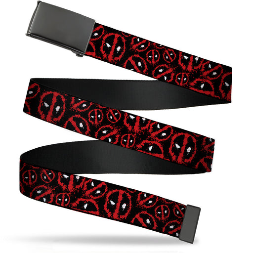 Black Buckle Web Belt - Deadpool Splatter Logo Scattered Black/Red/White Webbing Web Belts Marvel Comics   