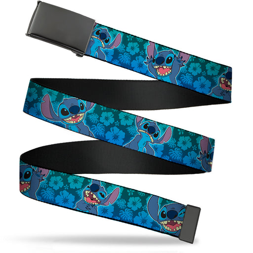Web Belt Blank Black Buckle - Stitch Expressions/Hibiscus Collage Green-Blue Fade Webbing Web Belts Disney   