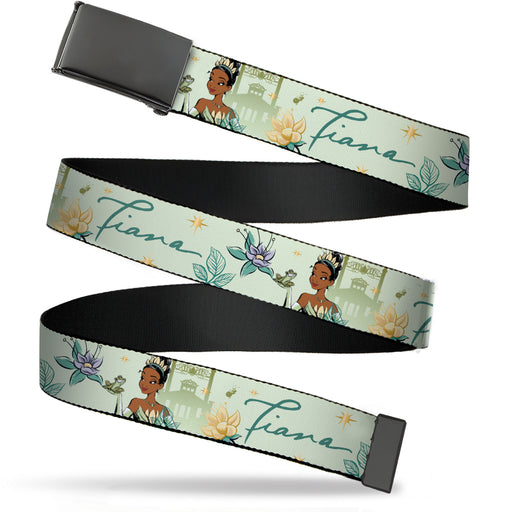 Web Belt Blank Black Buckle - The Princess and the Frog Tiana Palace Pose with Script and Flowers Greens Webbing Web Belts Disney   