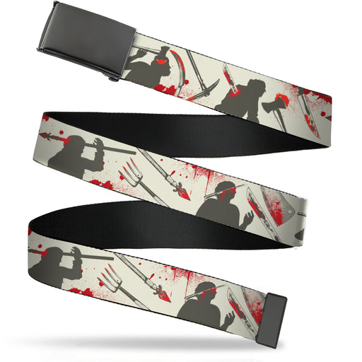 Web Belt Blank Black Buckle - Friday the 13th Weapons and Character Icons Collage Beige/Gray/Red Webbing Web Belts Warner Bros. Horror Movies   