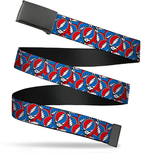 Web Belt Blank Black Buckle - Grateful Dead Steal Your Face Logo Stacked Red/White/Blue Webbing Web Belts Grateful Dead   