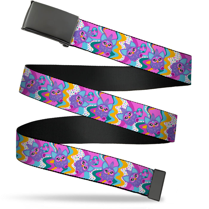 Web Belt Blank Black Buckle - Furby Purple Dancing Pose Collage Multi Color Webbing Web Belts Hasbro   