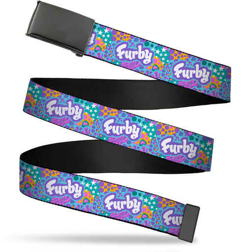 Web Belt Blank Black Buckle - FURBY Title Logo and Fur Prints Collage Multi Color/White Webbing Web Belts Hasbro   