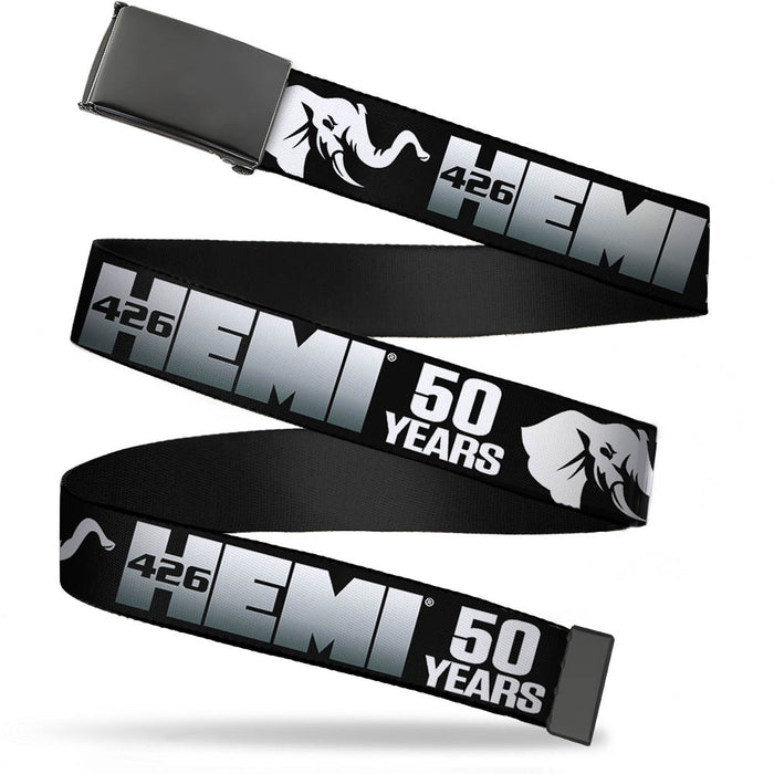 Black Buckle Web Belt - HEMI 426/Elephant Logo 50 YEARS Black/White/Silver-Fade Webbing Web Belts Hemi   