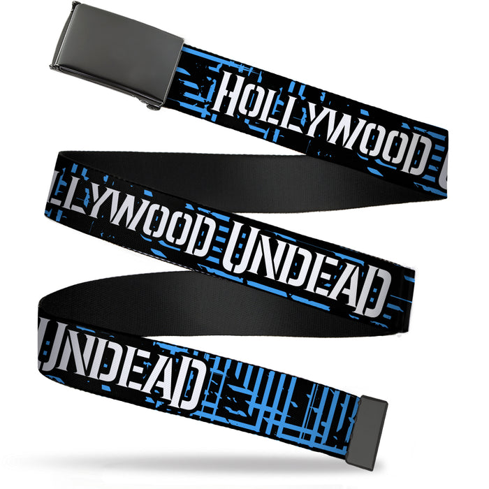 Black Buckle Web Belt - HOLLYWOOD UNDEAD Text Logo/Striping Black/Blue/White Webbing Web Belts Hollywood Undead   