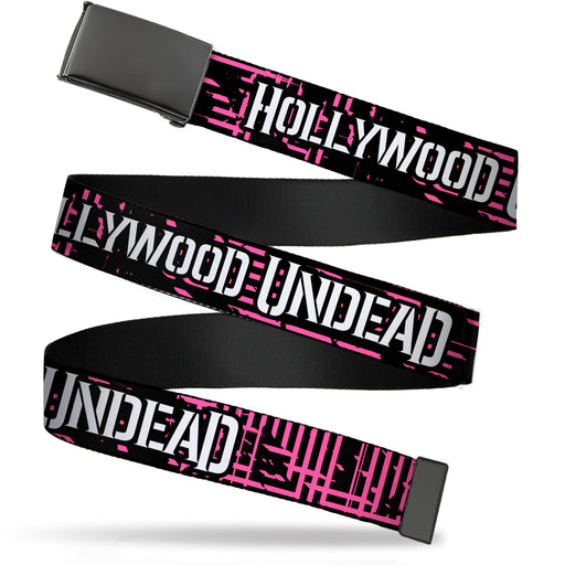 Black Buckle Web Belt - HOLLYWOOD UNDEAD Text Logo/Striping Black/Pink/White Webbing Web Belts Hollywood Undead   