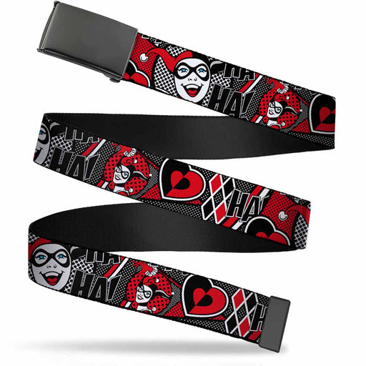 Black Buckle Web Belt - Harley Quinn Poses/HAHAHA!/Diamonds/Hearts Halftone White/Black/Red Webbing Web Belts DC Comics   
