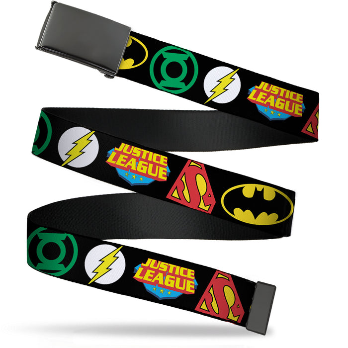 Black Buckle Web Belt - Justice League Superhero Logos CLOSE-UP Black Webbing Web Belts DC Comics   