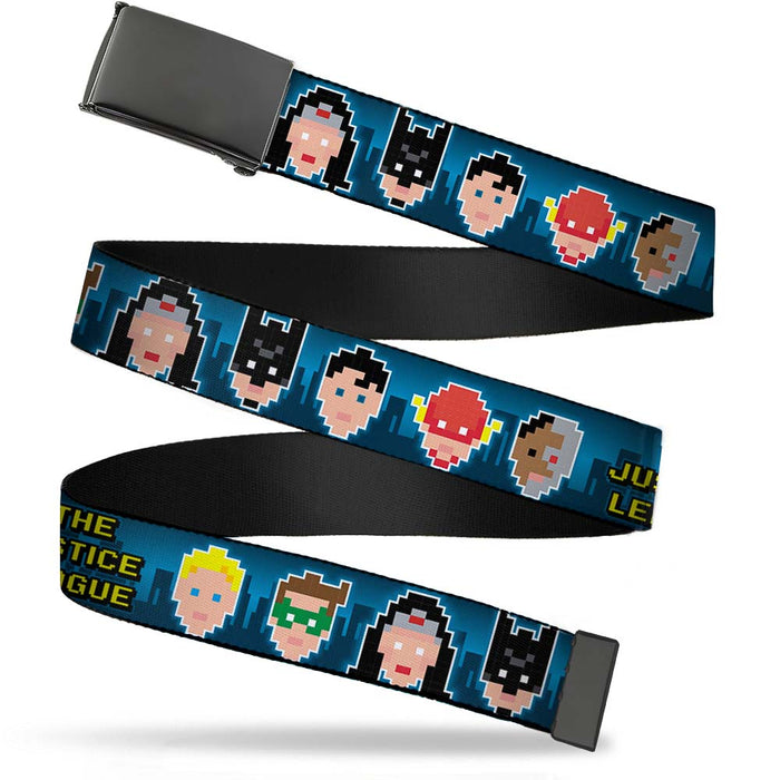 Black Buckle Web Belt - THE JUSTICE LEAGUE 1-Bit 7-Superhero Faces Blues Webbing Web Belts DC Comics   