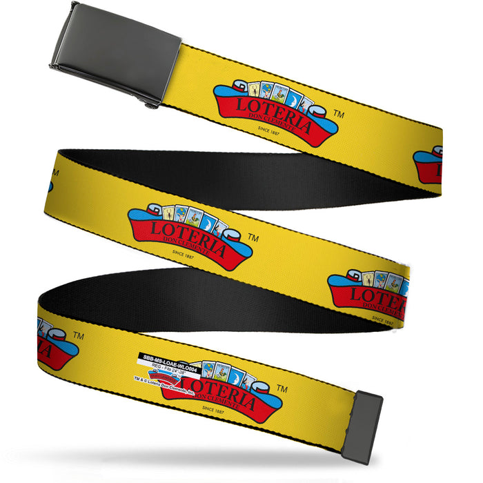 Black Buckle Web Belt - LOTERIA DON CLEMENTE Logo Yellow Webbing Web Belts Loteria   