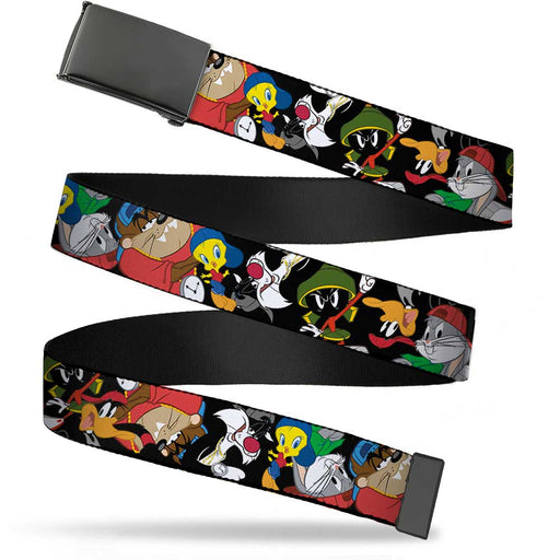 Black Buckle Web Belt - Looney Tunes 6-Hip Hop Character Poses Scattered Black Webbing Web Belts Looney Tunes   