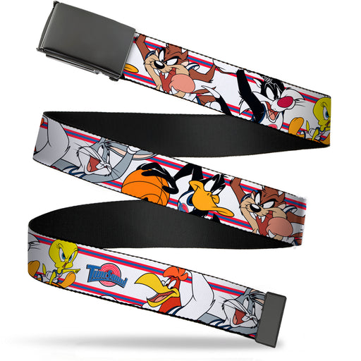 Black Buckle Web Belt - Space Jam TUNE SQUAD 6-Player Poses Stripe White/Red/Blue Webbing Web Belts Looney Tunes   