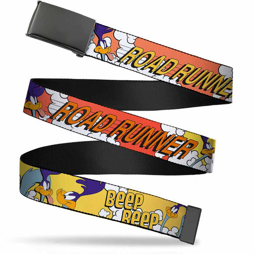 Web Belt Blank Black Buckle - ROAD RUNNER w/Road Runner Poses Orange Webbing Web Belts Looney Tunes   