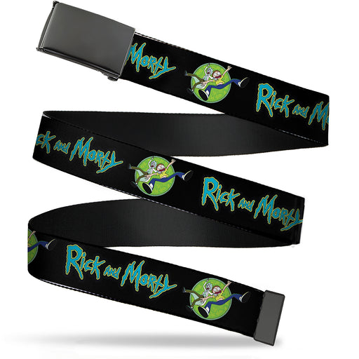 Web Belt Blank Black Buckle - RICK AND MORTY Title Logo and Portal Pose Black Webbing Web Belts Rick and Morty   