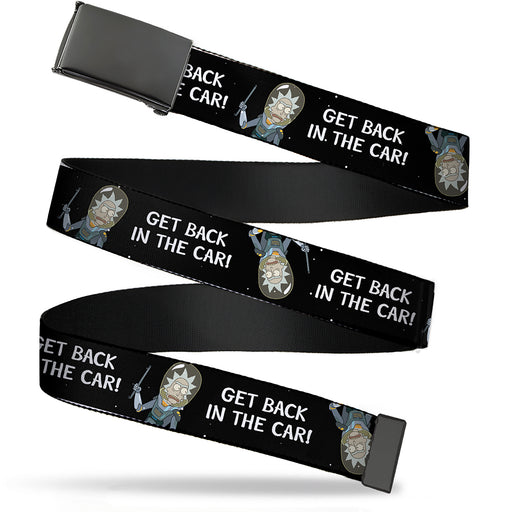 Web Belt Blank Black Buckle - Rick and Morty Rick GET BACK IN THE CAR Pose Black/White Webbing Web Belts Rick and Morty   