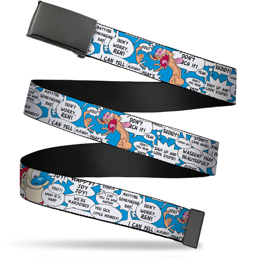 Web Belt Blank Black Buckle - Ren and Stimpy Pose and Quote Bubbles Stacked Blue Webbing Web Belts Nickelodeon   