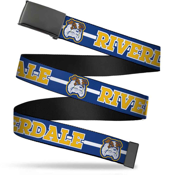 Black Buckle Web Belt - RIVERDALE/Bulldog Mascot Stripe Blue/White/Yellow Webbing Web Belts Riverdale   