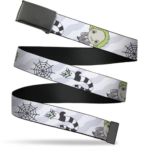 Web Belt Blank Black Buckle - Beetlejuice Chibi Pose and Sandworm Collage White/Gray Webbing Web Belts Warner Bros. Horror Movies   