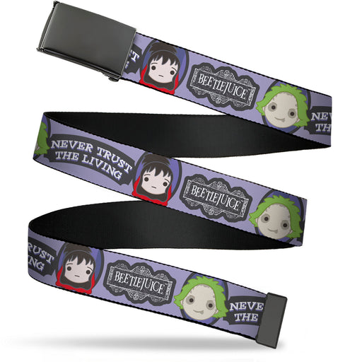 Web Belt Blank Black Buckle - BEETLEJUICE Chibi Beetlejuice and Lydia NEVER TRUST THE LIVING Gray Webbing Web Belts Warner Bros. Horror Movies   