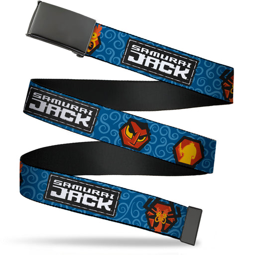 Web Belt Blank Black Buckle - SAMURAI JACK Title Logo and Icons with Swirl Blues Webbing Web Belts Warner Bros. Animation   