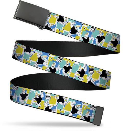 Web Belt Blank Black Buckle - Johnny Bravo Flexing Pose and JOHNNY Icon Collage Blues/Yellows Webbing Web Belts Warner Bros. Animation   