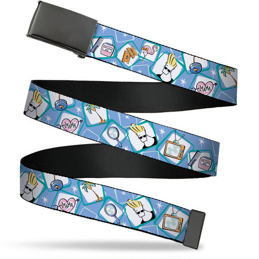 Web Belt Blank Black Buckle - Johnny Bravo Icon Blocks Collage Blues/White Webbing Web Belts Warner Bros. Animation   