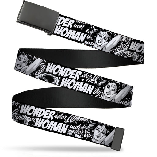Black Buckle Web Belt - WONDER WOMAN Action Pose/Text Collage Black/White/Grays Webbing Web Belts DC Comics   
