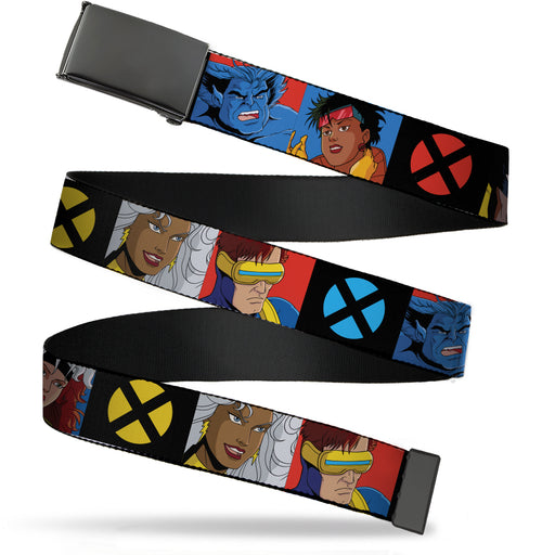 Black Buckle Web Belt - X-Men Animated Series 8-Character Pose Blocks and Logo Black/Multi Color Webbing Web Belts Marvel Comics   