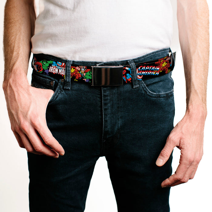 Chrome Buckle Web Belt - Marvel Characters Stacked w/Character Text Logos Webbing Web Belts Marvel Comics   