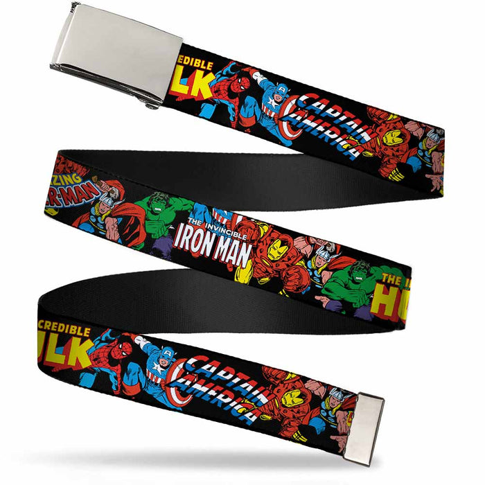 Chrome Buckle Web Belt - Marvel Characters Stacked w/Character Text Logos Webbing Web Belts Marvel Comics   