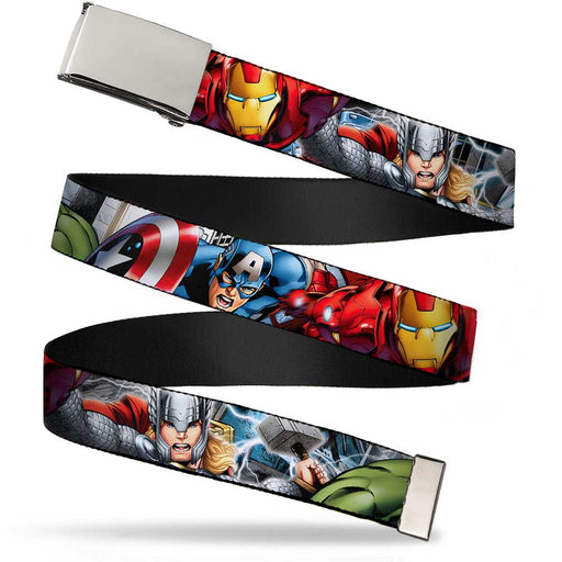 Chrome Buckle Web Belt - Marvel Avengers 4-Superhero Poses CLOSE-UP Webbing Web Belts Marvel Comics   